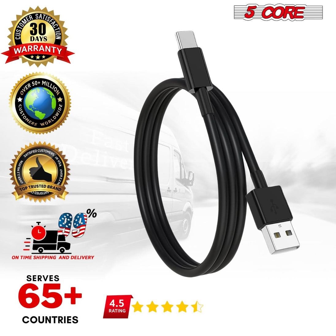 Versatile USB to USB-C cords by 5Core perfect for home, office, or car use