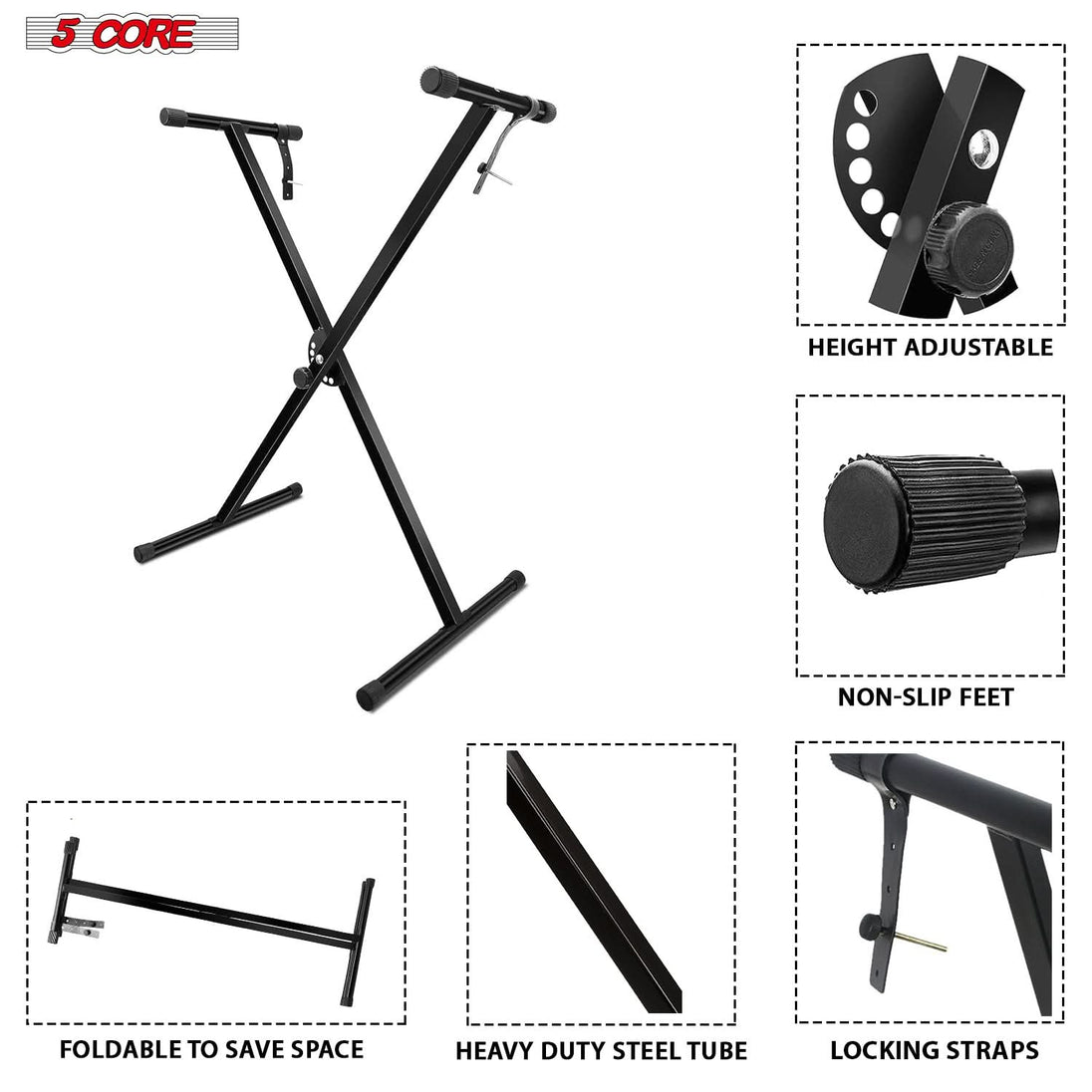 5Core single X keyboard stand with height adjustable bench for piano