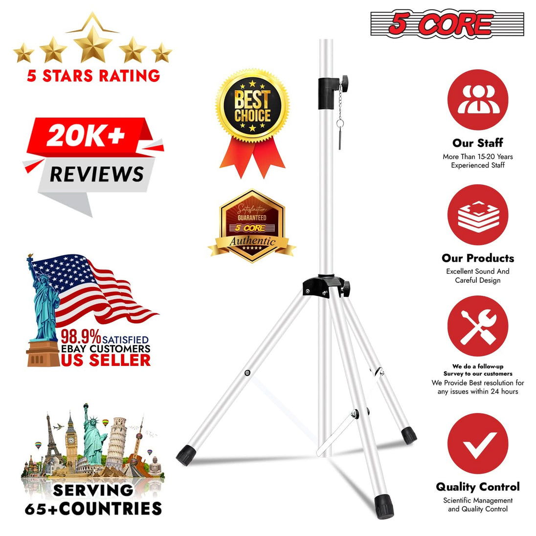 5Core premium white speaker pole stand with 72 inch max height