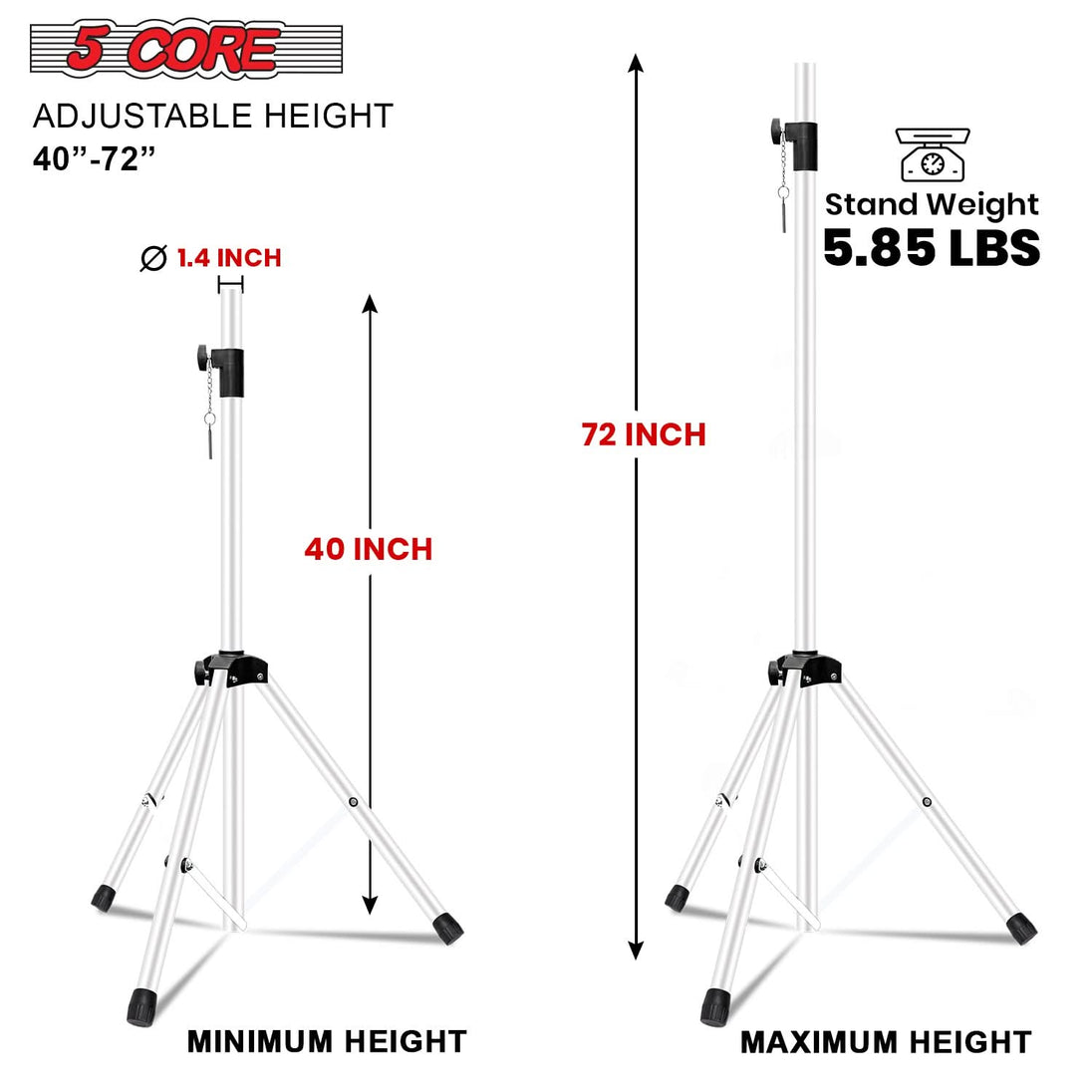 Adjustable 72 inch white DJ speaker tripod stand by 5Core for studio monitors