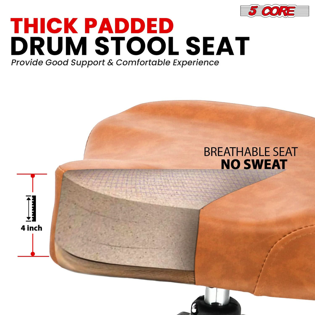 Adjustable brown padded guitar stool with back support by 5Core