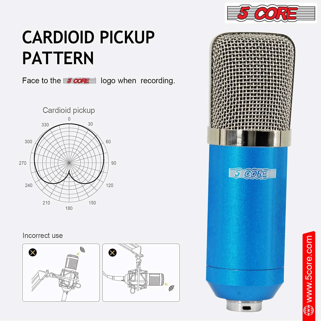 5Core podcast bundle with professional condenser cardioid mic kit and desk stand blue