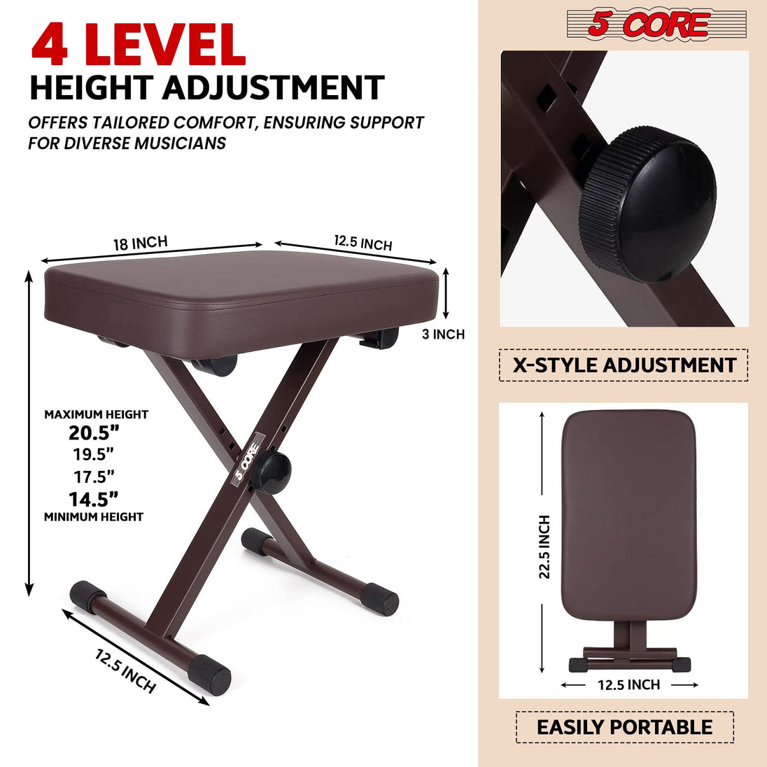 Brown 5Core X style keyboard stool, adjustable and padded piano chair
