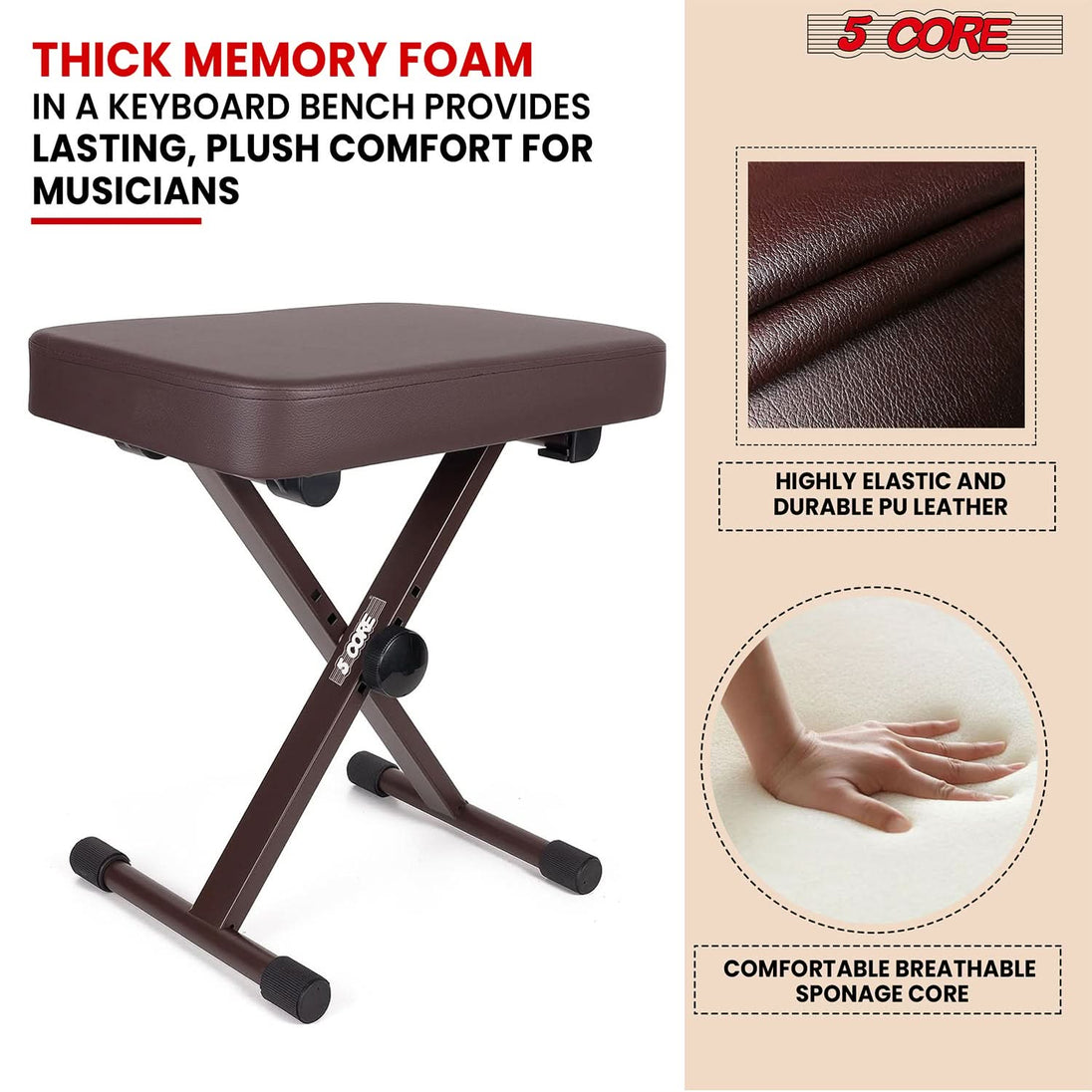 Heavy duty 5Core X style adjustable keyboard bench, brown piano stool