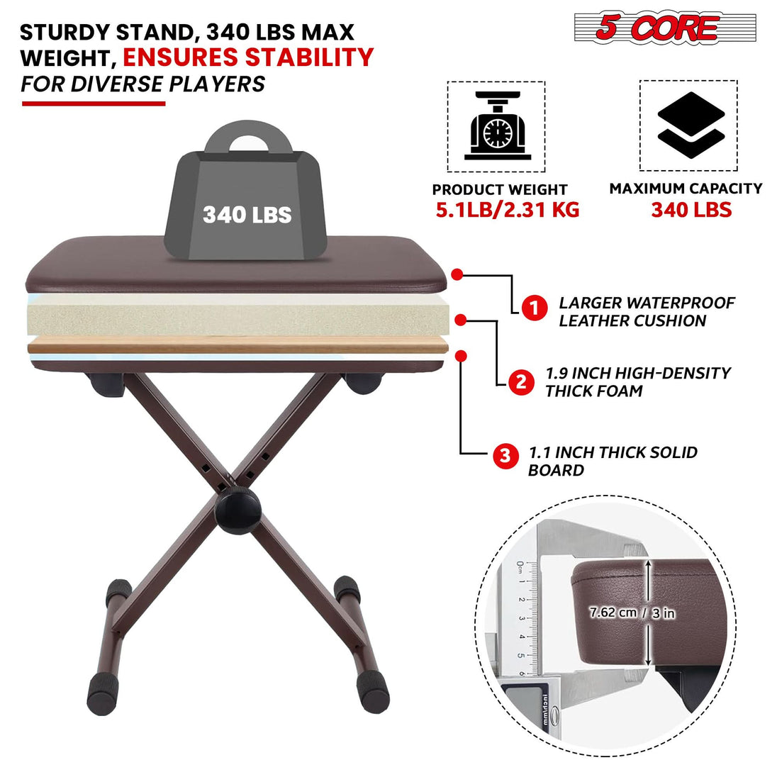 5Core X style adjustable keyboard stool, brown heavy duty piano bench