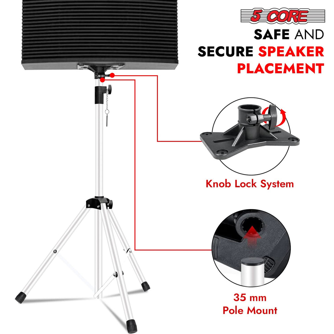 White tripod stand for speakers by 5Core with 72 inch pole mount