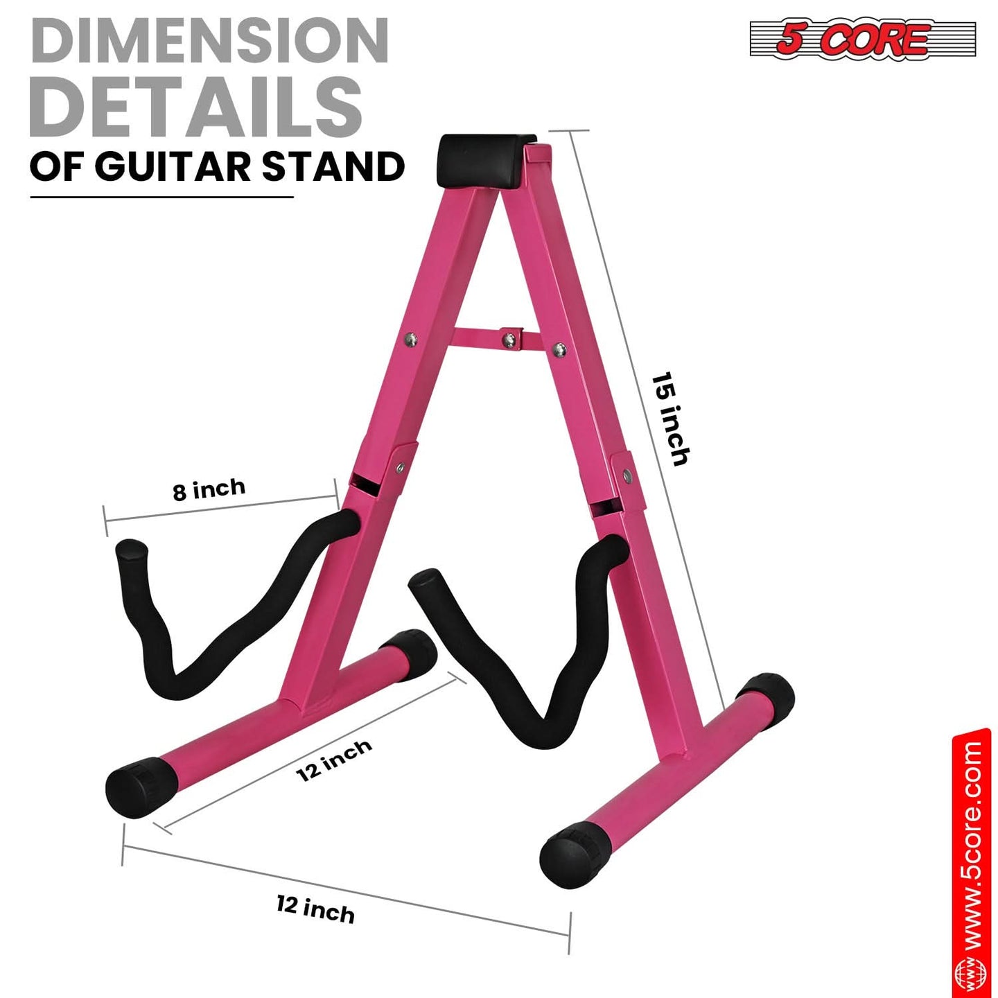 Side view of 5Core pink floor stand with secure frame for guitars