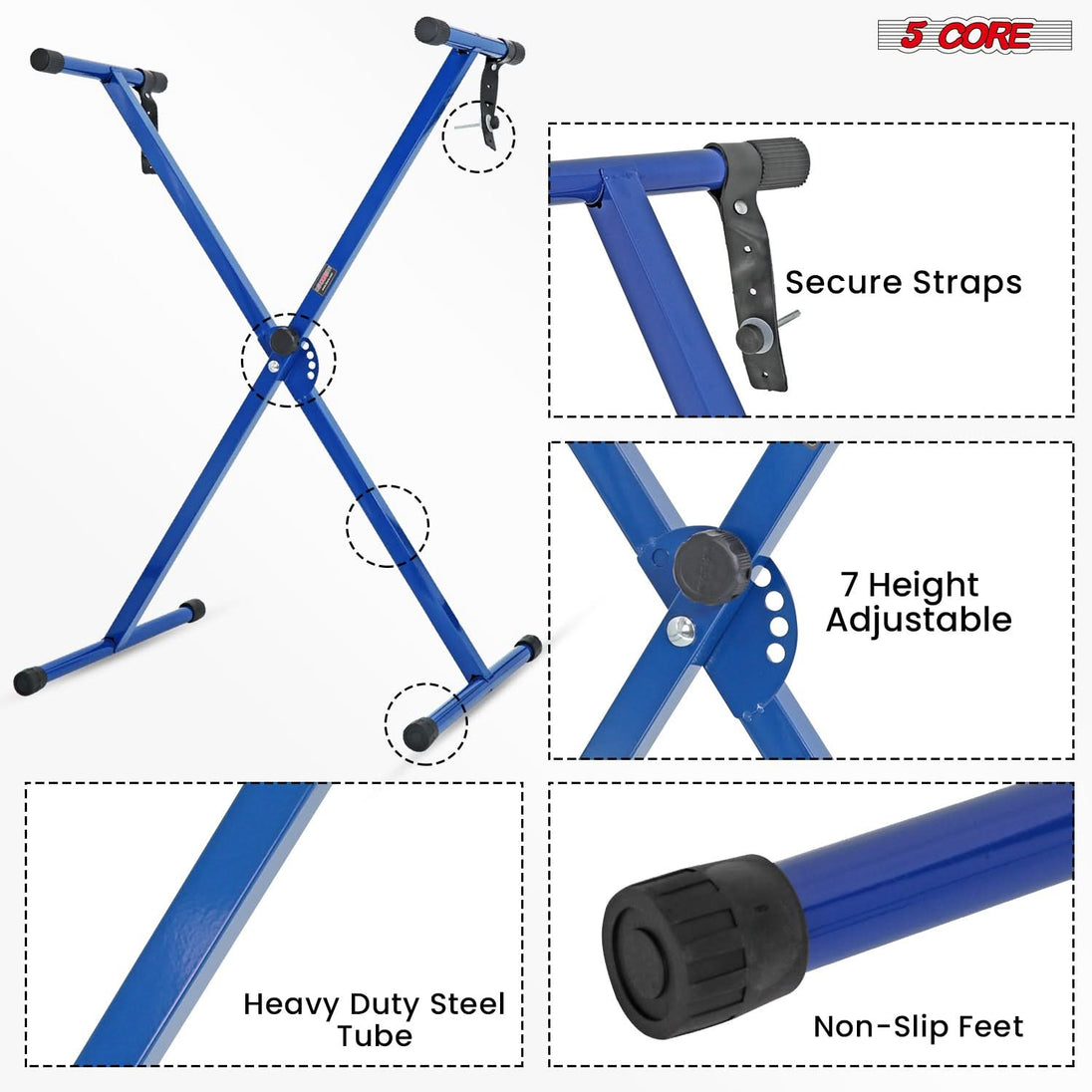 Sturdy single X frame blue piano stand by 5Core