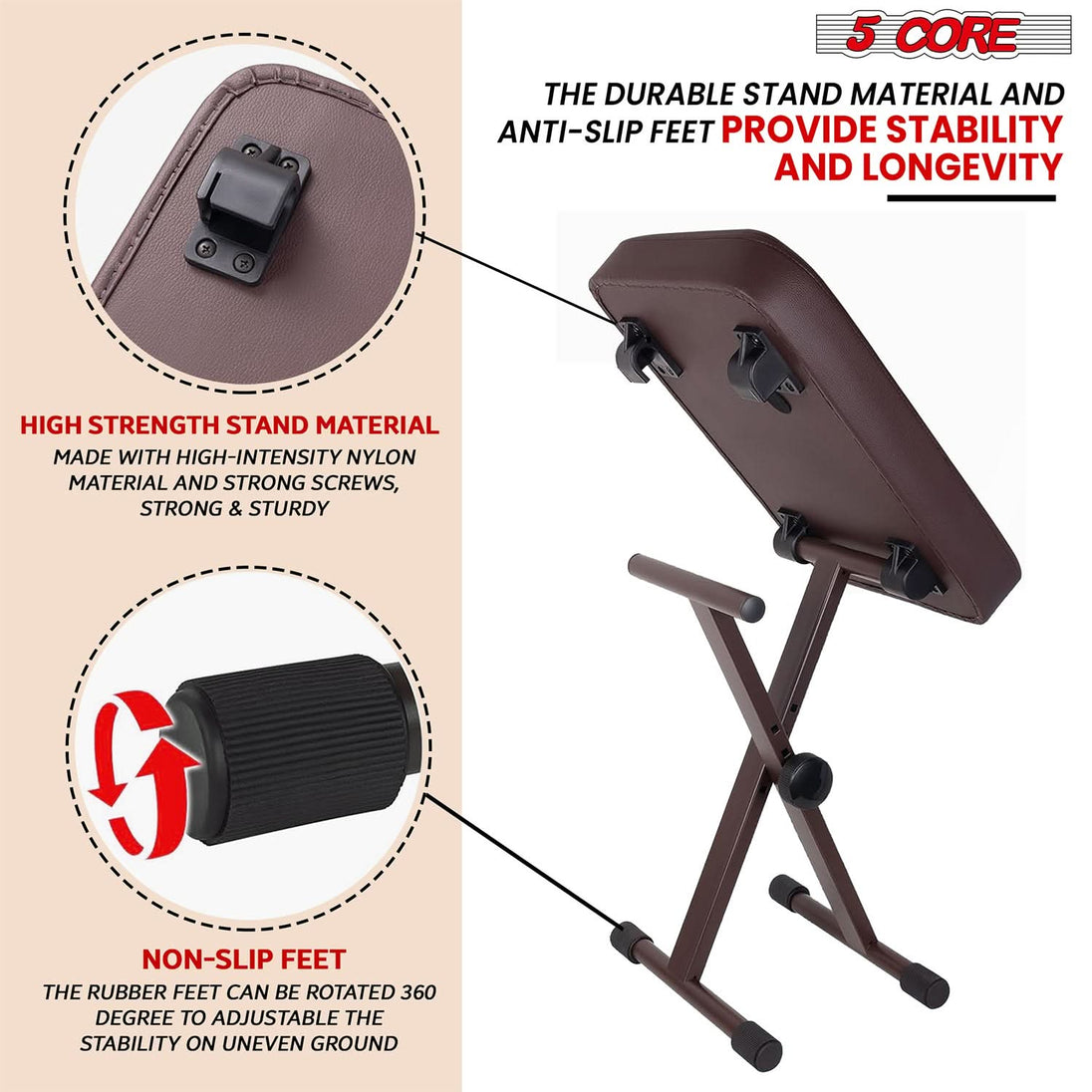 5Core X style piano bench with heavy duty frame, brown adjustable stool