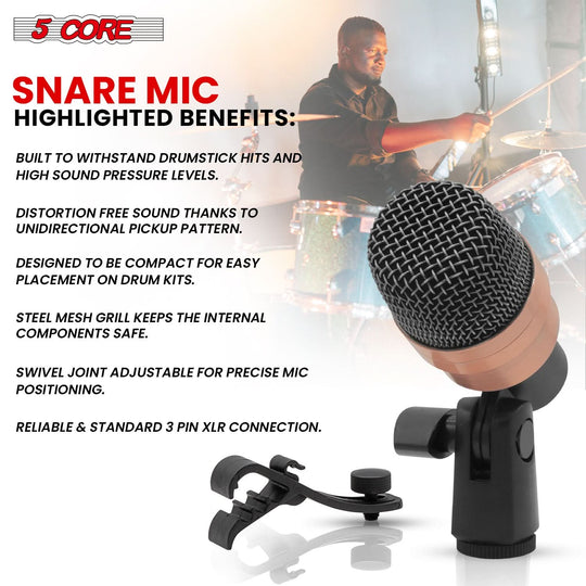 Compact 5Core tom drum mic with noise reduction and clear pickup