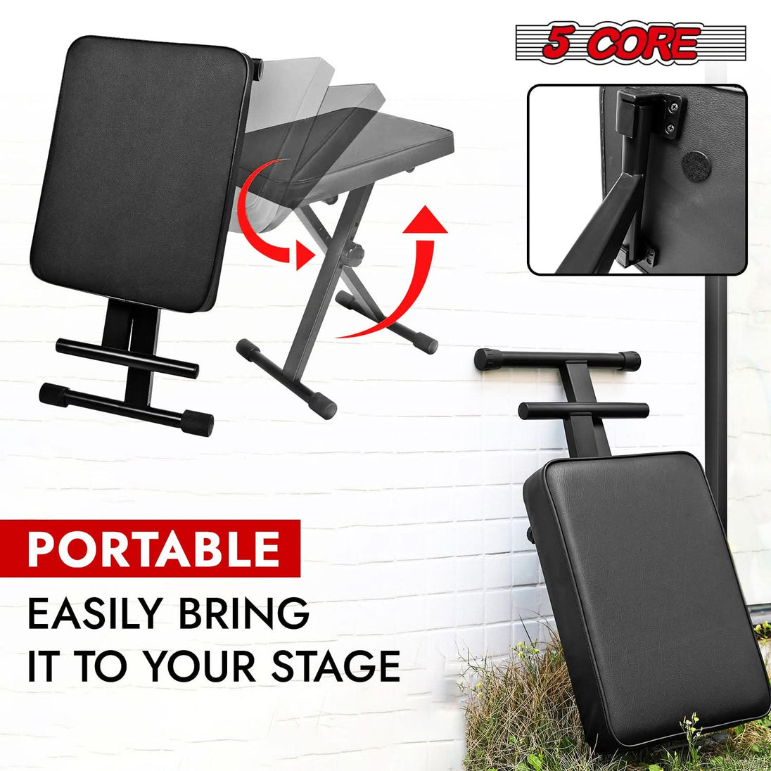 5Core X style black keyboard bench, adjustable heavy duty piano chair