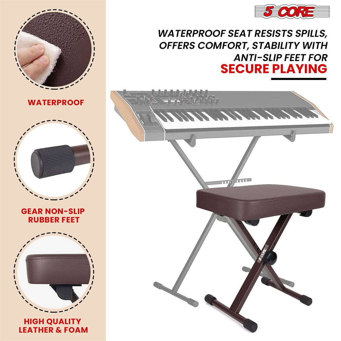 5Core brown padded X style keyboard bench, adjustable piano stool
