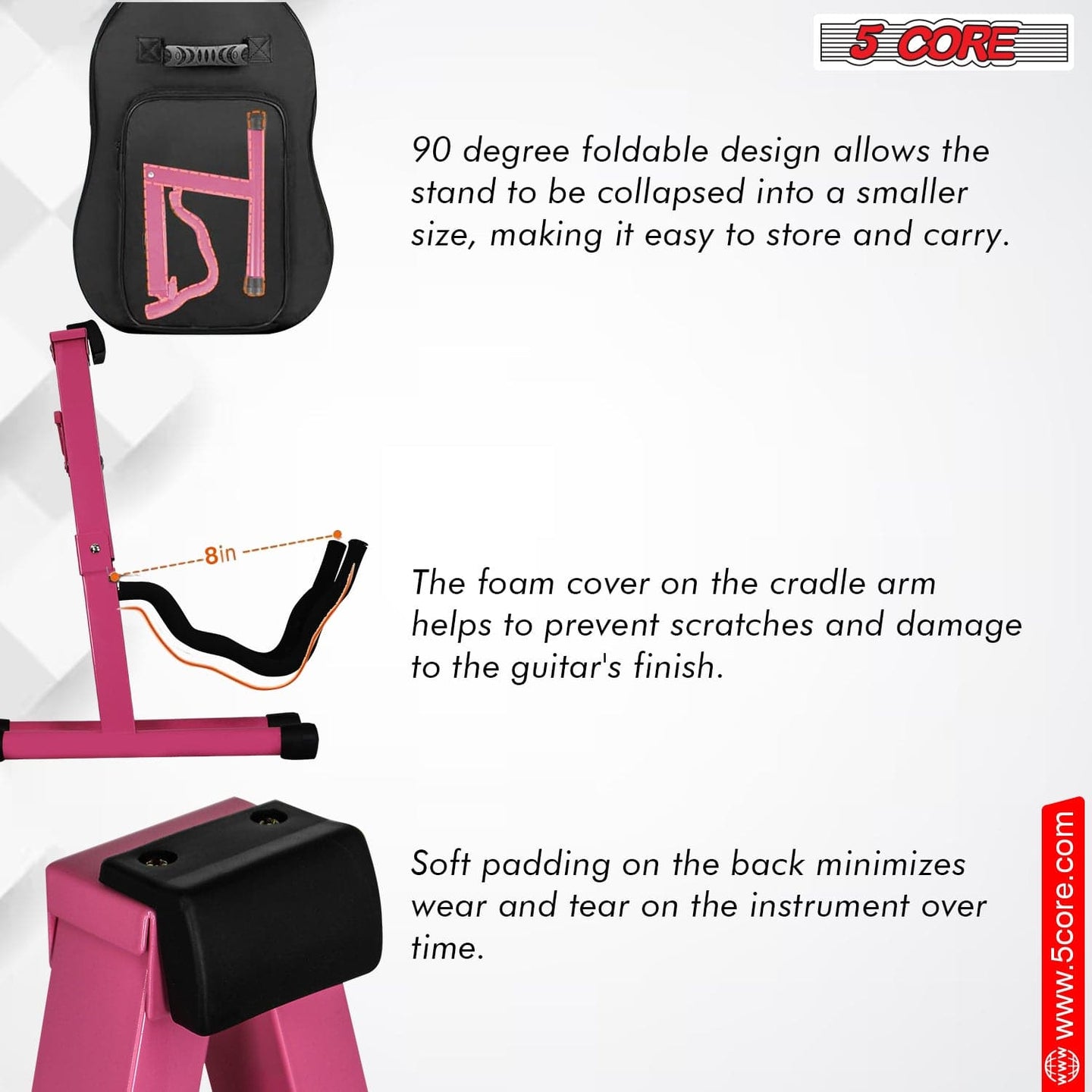 Top angle of 5Core pink guitar stand with sturdy structure