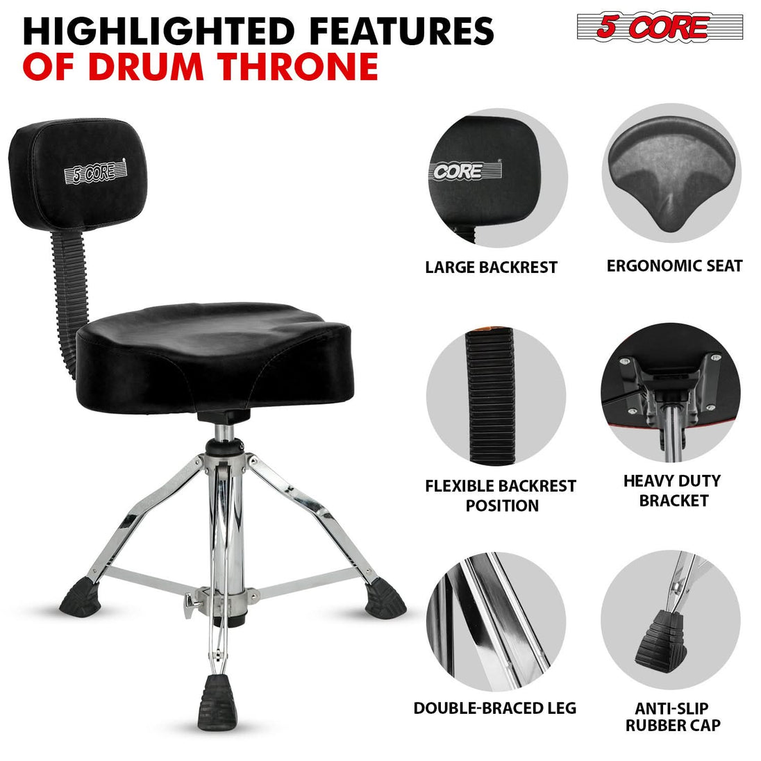 Adjustable drum seat featuring anti-slip foot pads to prevent movement while playing.