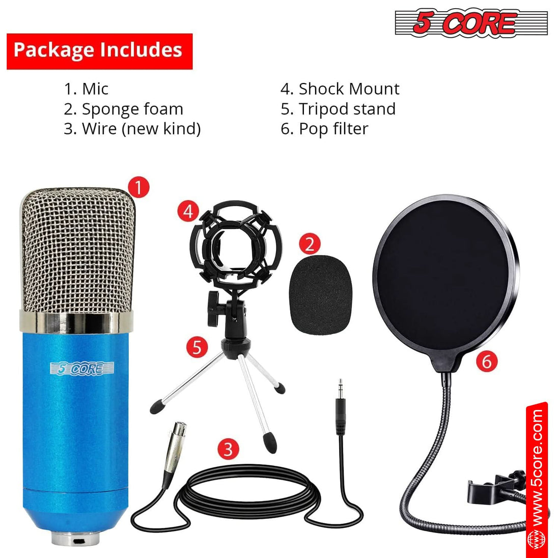 5Core podcast kit with condenser cardioid mic and desk stand, blue color
