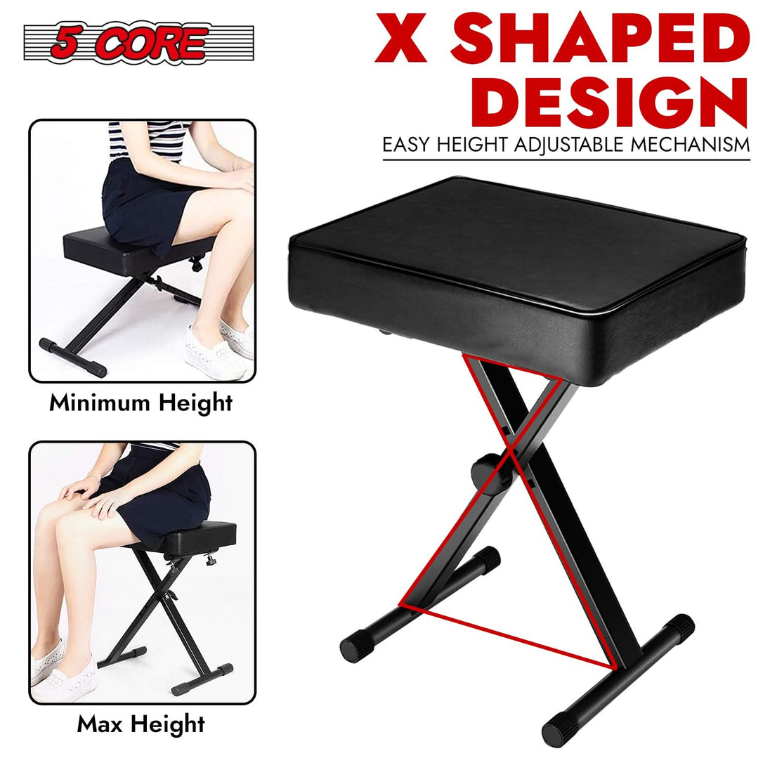 Adjustable black 5Core X style piano stool, heavy duty keyboard bench