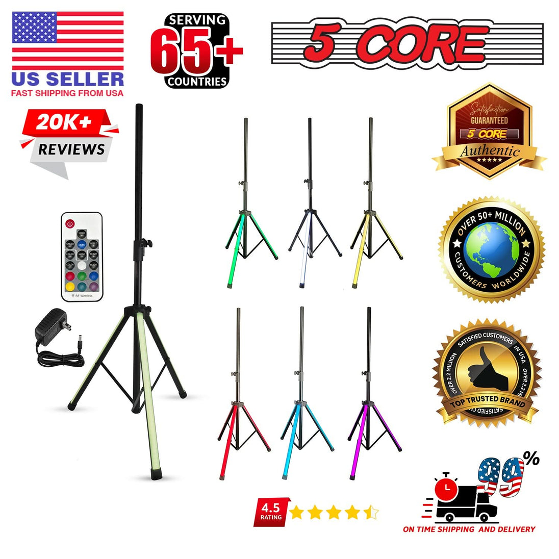 Durable tripod base in black with integrated RGB LED lights