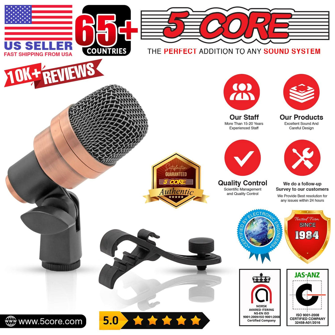Uni-directional XLR wired snare microphone for tom drums and musical instruments by 5 Core