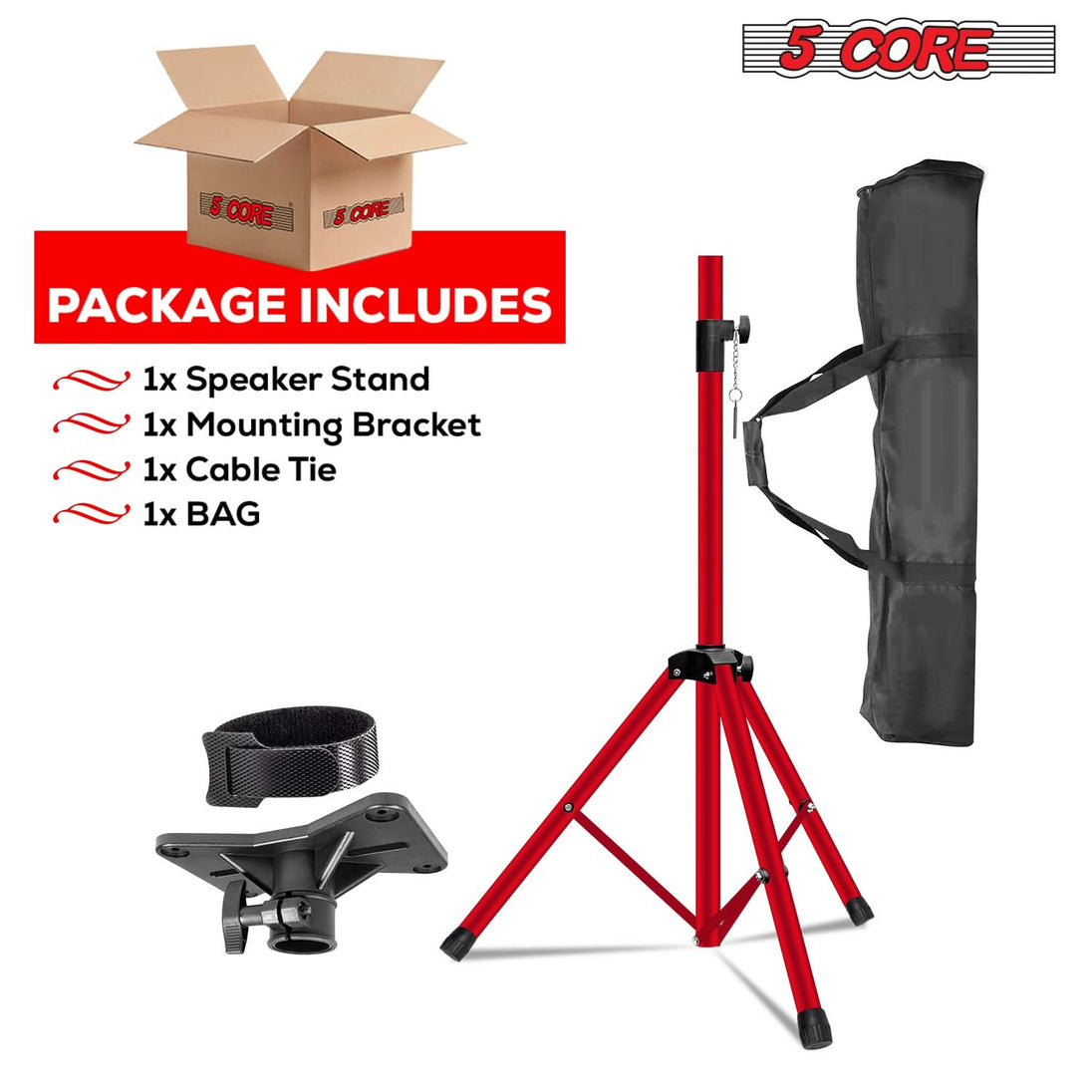 Tripod-based speaker mount in bold red color by 5Core