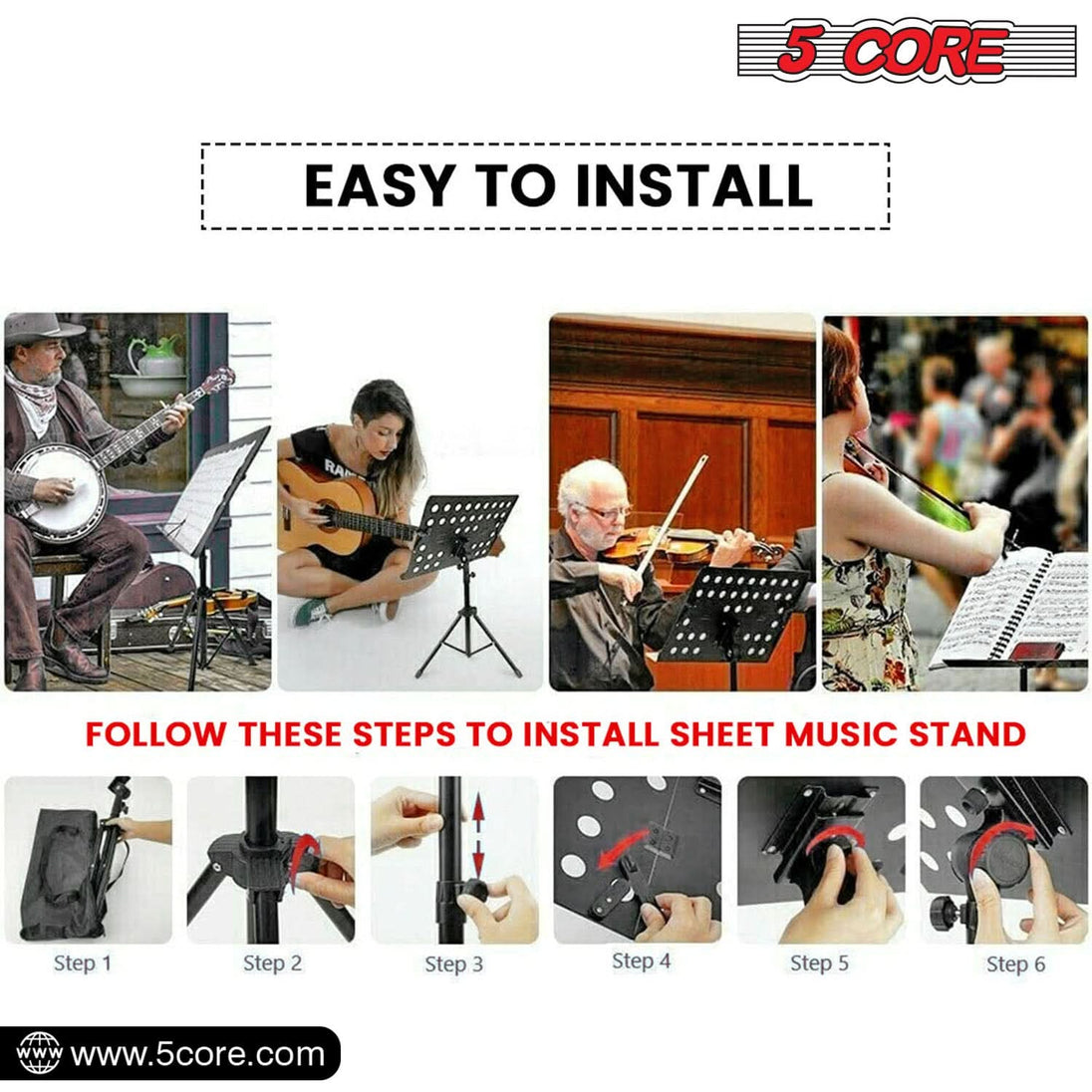 5Core Music Stand For Sheet Music Portable Tripod Adjustable Folding Note Holder