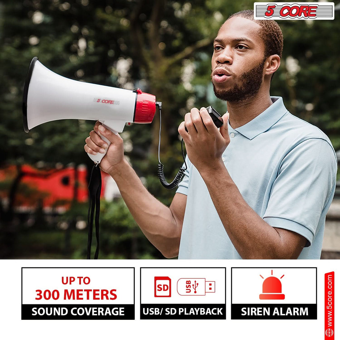 Bullhorn with powerful sound, Bluetooth, USB/SD input, siren, 60-sec recording, and durable build.