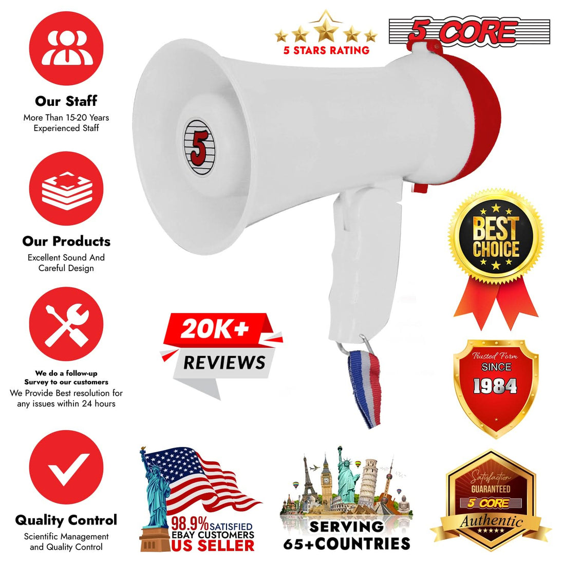 5Core 15W mini bullhorn with siren, 400-yard range, and battery-powered in white