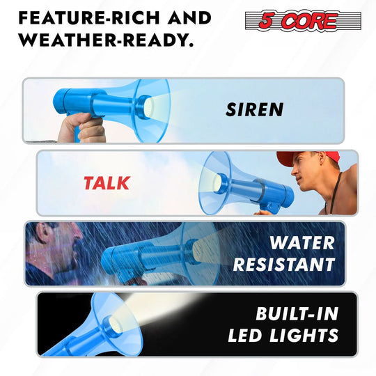 Versatile megaphone with siren and volume features in striking blue color