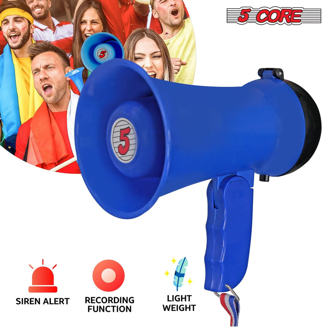 Small megaphone with a built-in siren music button, ideal for both communication and entertainment.