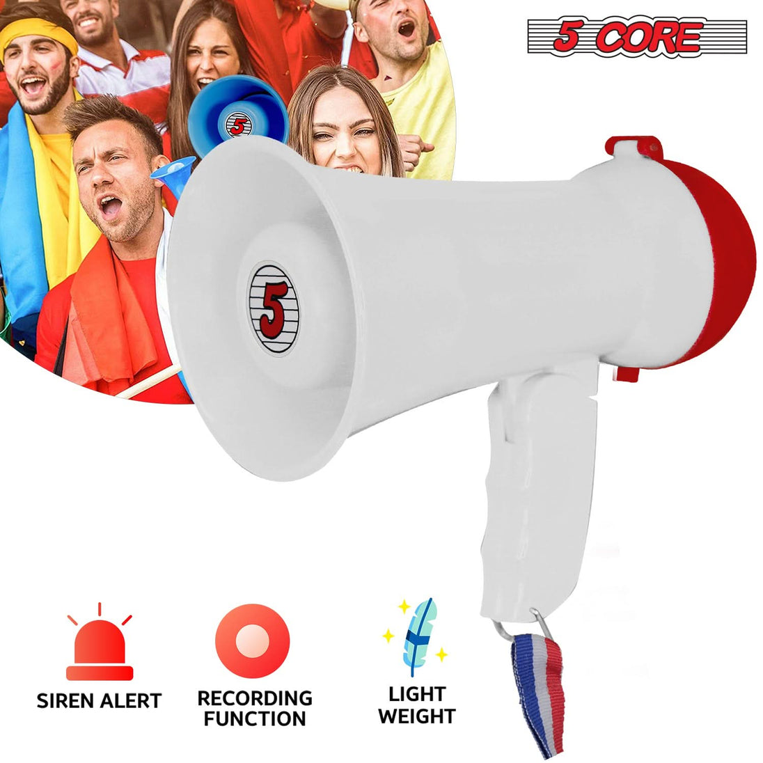 5Core compact 15W bullhorn speaker with siren, 400-yard range, and battery-powered in white