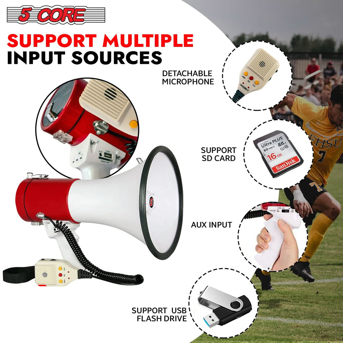 50-watt handheld megaphone features a siren, volume control, and a foldable handle for easy portability.