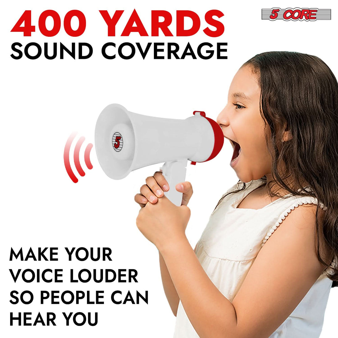 5Core 15W mini bullhorn megaphone with siren and 400-yard range, white color