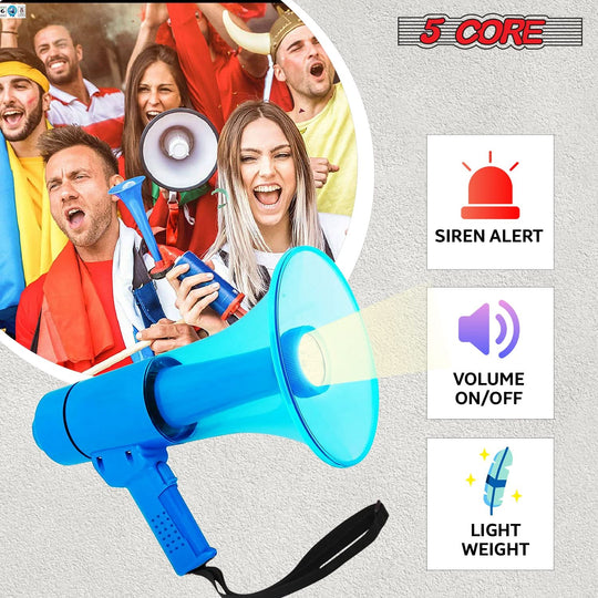 Portable blue megaphone with powerful audio output and siren function