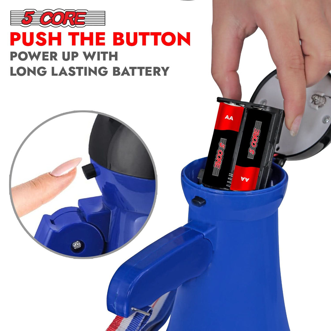 Designed with labeled buttons and functional controls, this megaphone includes a shoulder strap for easy carrying.
