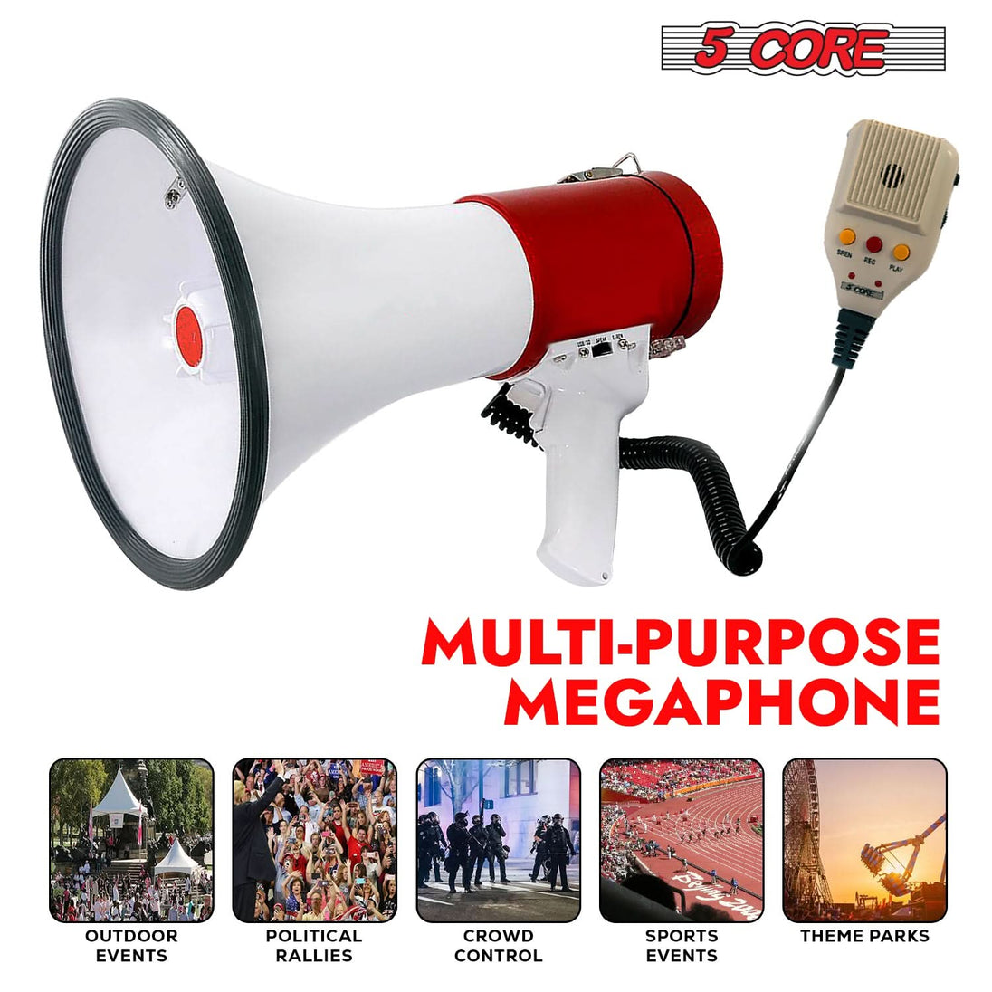 Multi-functional megaphone with versatile features like a foldable handle, siren, and recording mode.