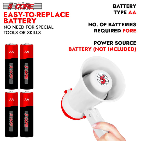 5Core 15W battery-powered bullhorn speaker with siren, 400-yard range in white