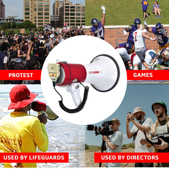 Multi-functional PA system with a range of 800 yards, siren, volume control, and multiple input sources.