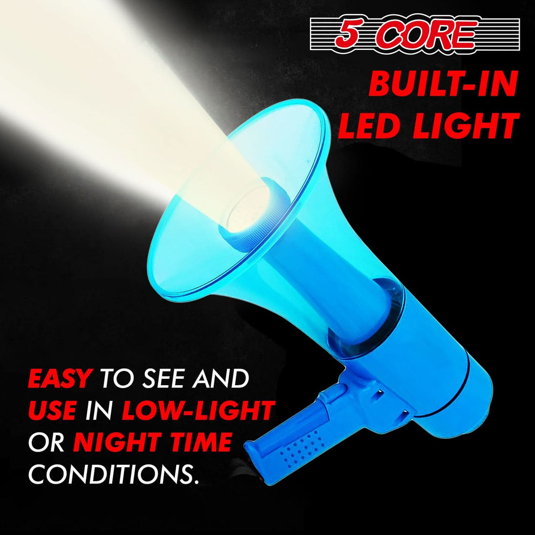 Blue bull horn speaker designed for outdoor events and emergency use