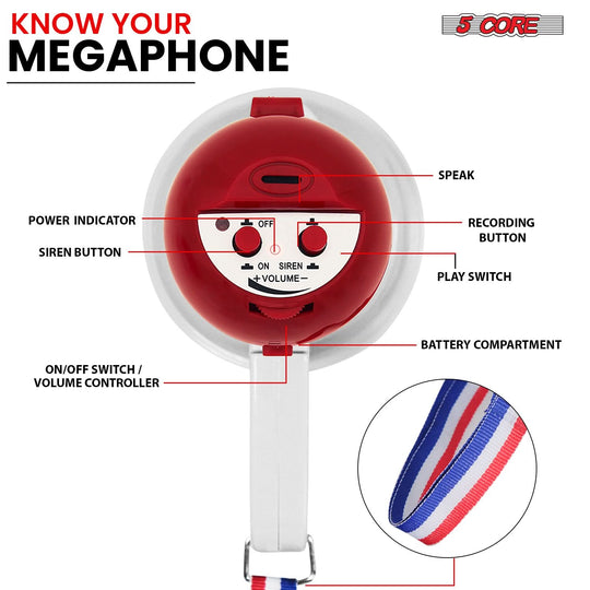 5Core small 15W bullhorn megaphone speaker with siren and 400-yard range, white
