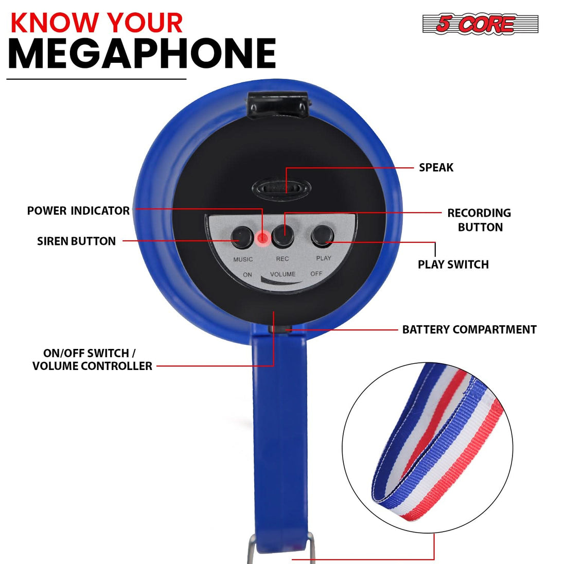 Small megaphone with siren and volume control, powered by 6 D-type batteries (not included), perfect for large crowds or emergency use.	Small, multi-purpose megaphone, perfect for kids to communicate at sports events or group activities.