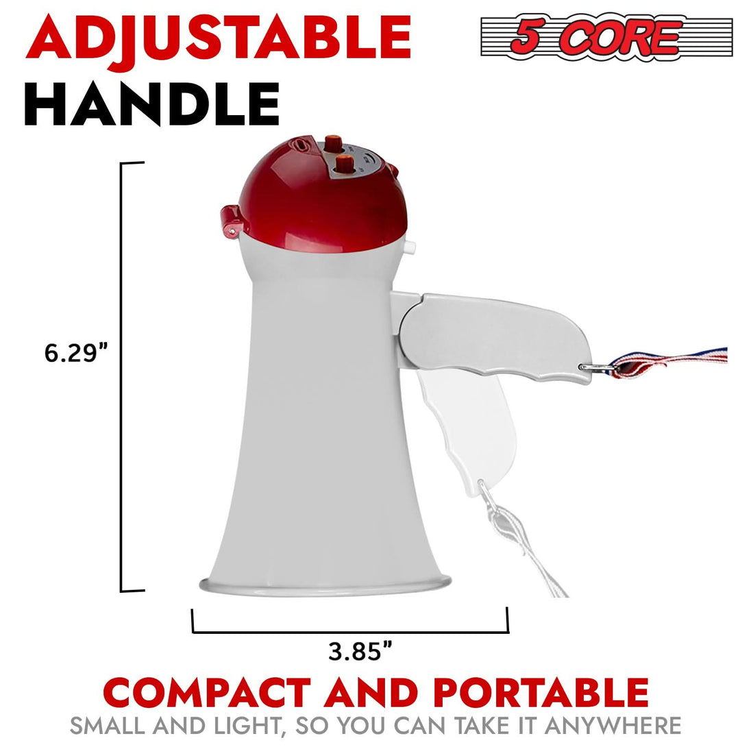 5Core white 15W megaphone bullhorn speaker with siren, 400-yard range, battery-powered