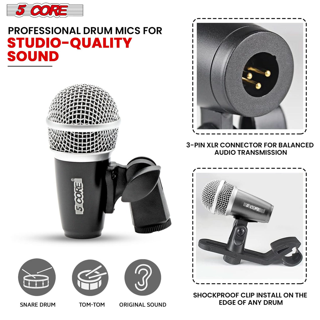 Dynamic snare and tom drum mic in black by 5Core