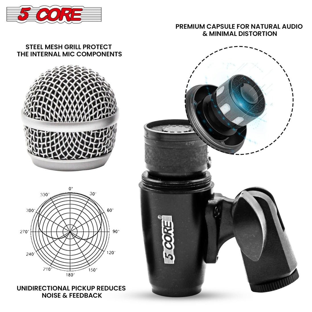 High-quality instrument mic by 5Core for live drums and studio setups