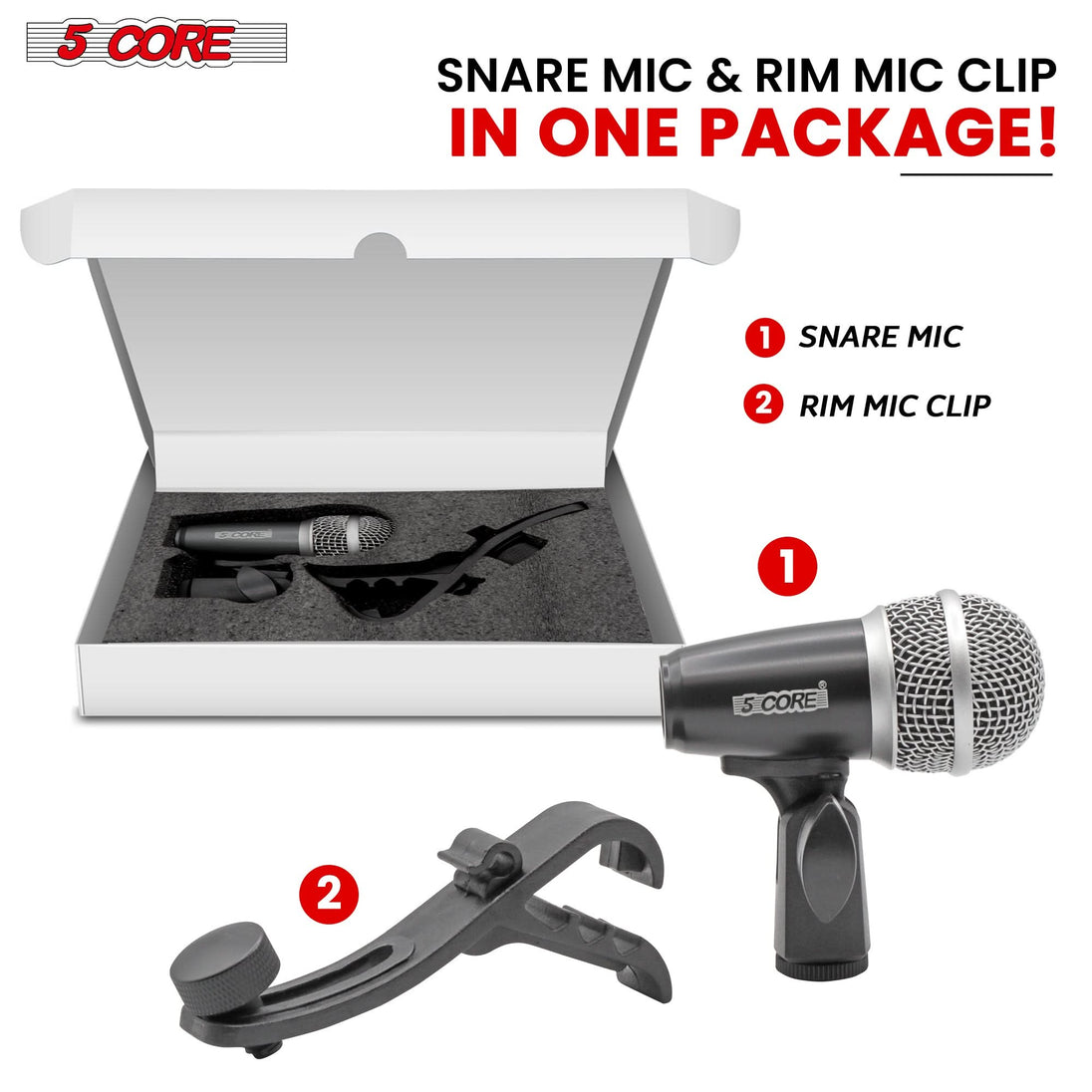Black cardioid drum mic by 5Core with XLR cable support