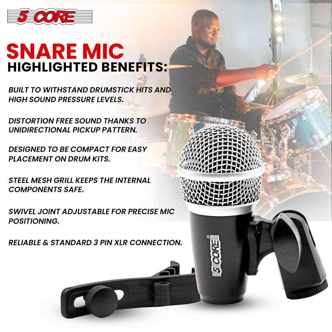 XLR cardioid microphone for drums by 5Core in black finish