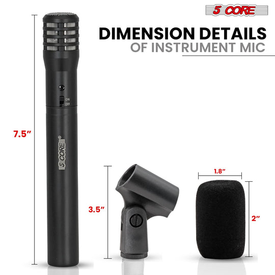 5Core black cardioid pencil condenser microphone, XLR connection for professional instrument recording
