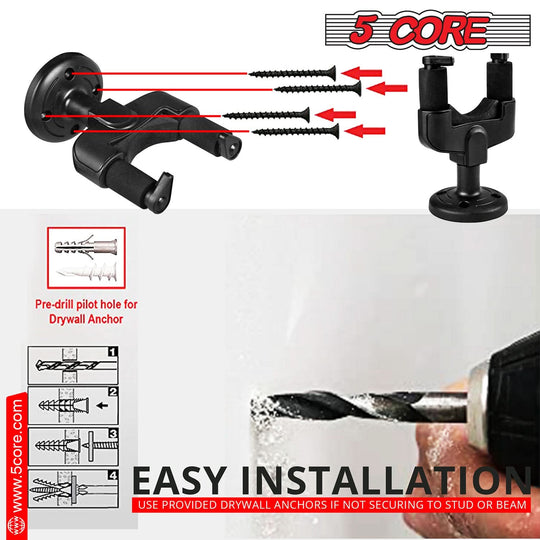 5Core Guitar Wall Mount Hanger 4Pcs Hook Metal Base Soft Padding Adjustable Rotatable Holder