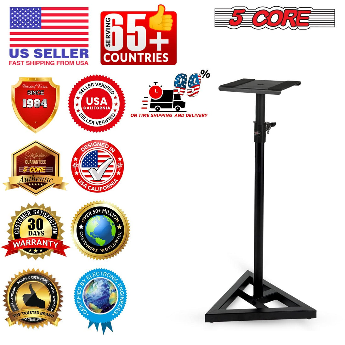 5 Core Speaker Stand 2Pc Heavy Duty Adjustable Telescoping Height 59.5" Triangle Base 100Lb Capacity