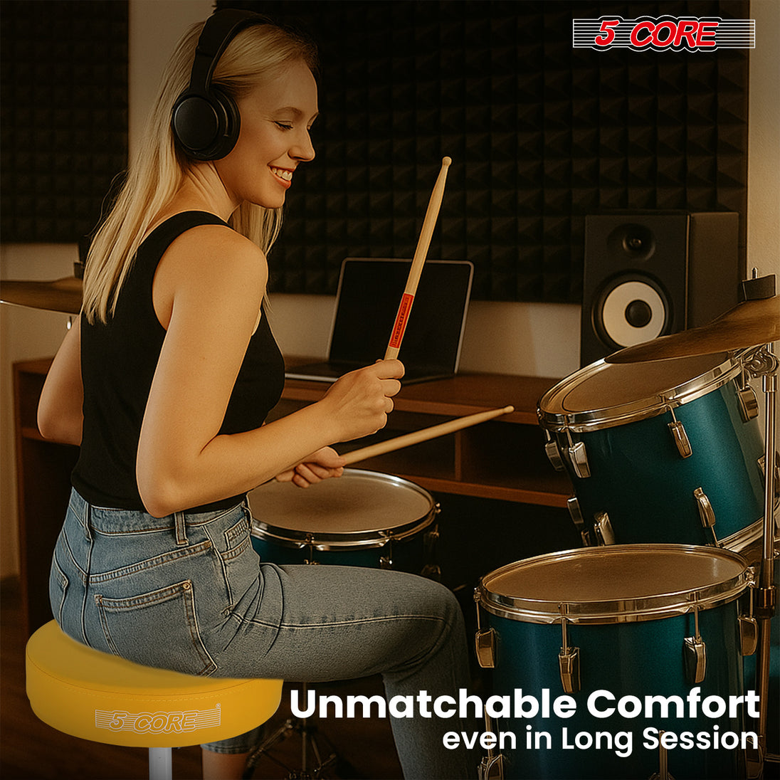 5 Core Drum Throne 3" Thick Padded Memory Foam Comfortable Drummer Stool 330Lb Capacity Adjustable