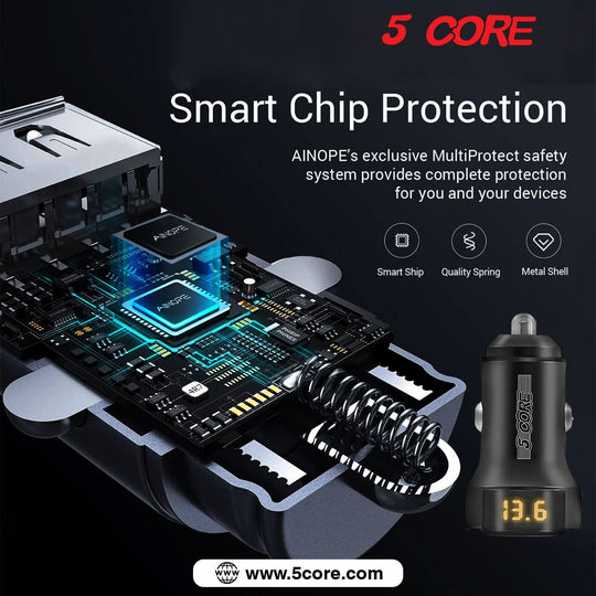 5 Core Car Charger USB + Type-C Quick Charge Adapter with Smart Chip Fast Charging for Truck SUV