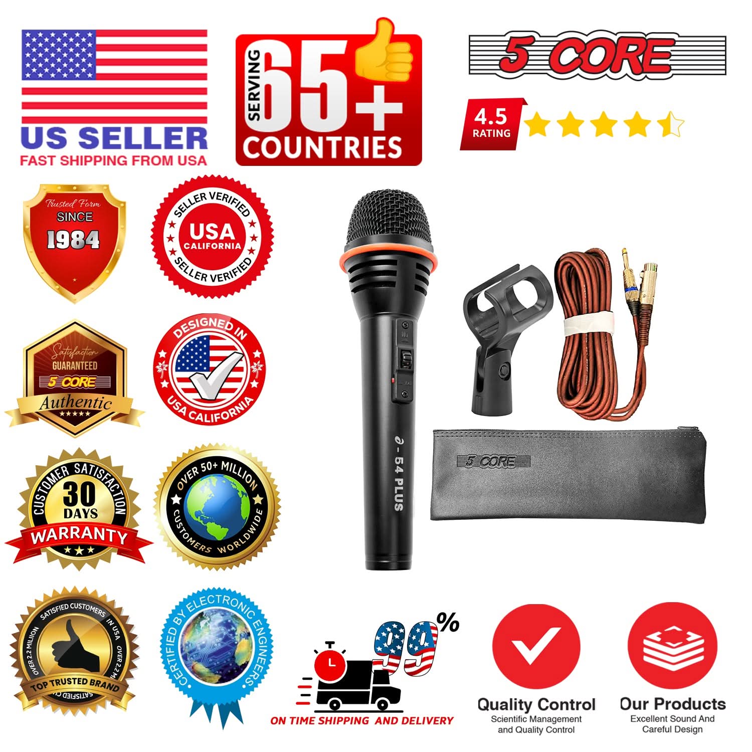 Microphone 2Pc Dynamic Vocal Handheld Mic Cardioid Singing - 5 Core